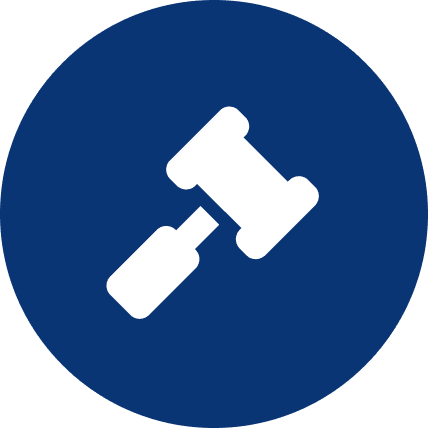 White gavel icon on blue circle